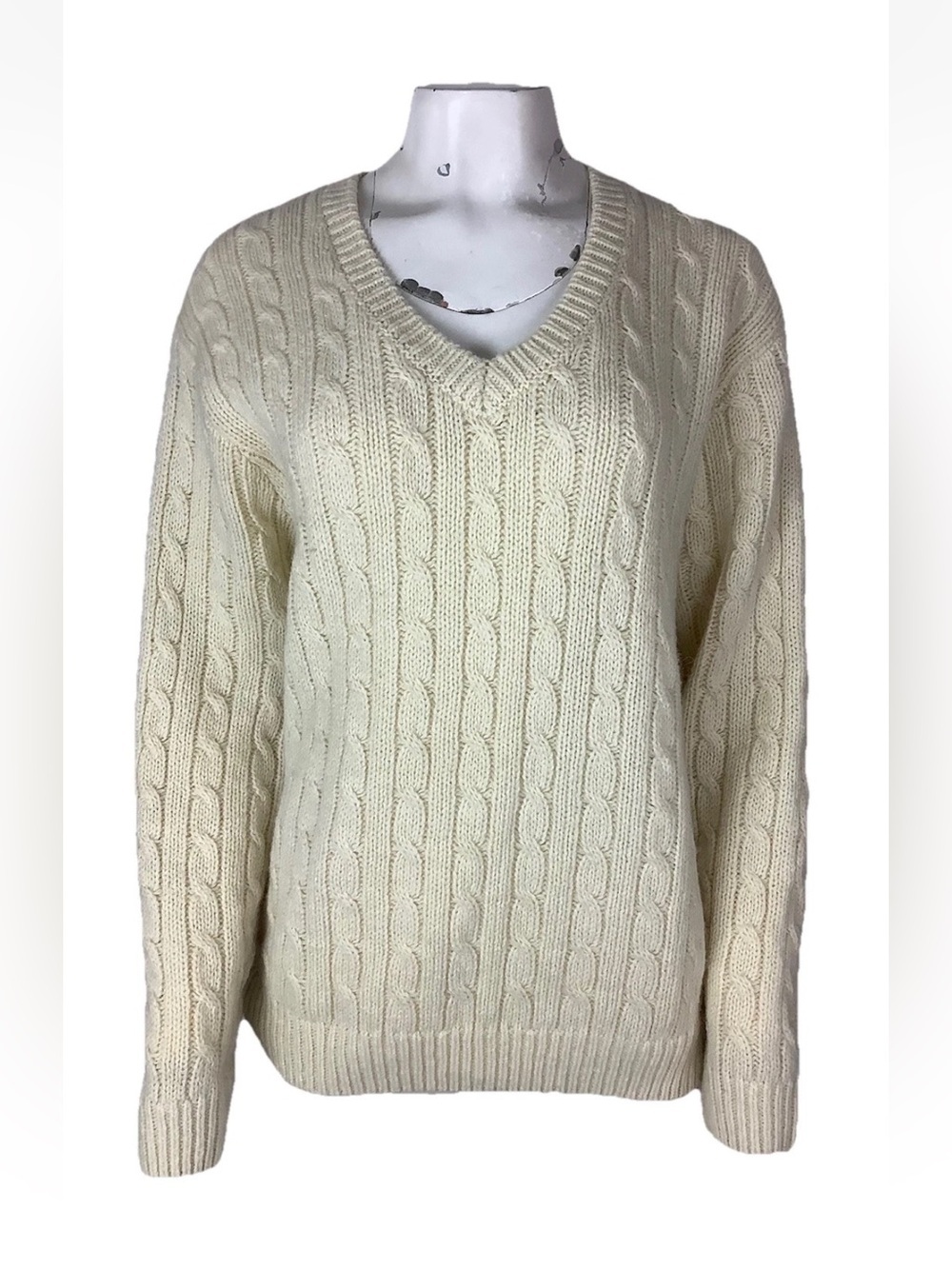 Brandy Melville One Size Wool Blend V Neck Cable Knit Preppy Sweater Ivory